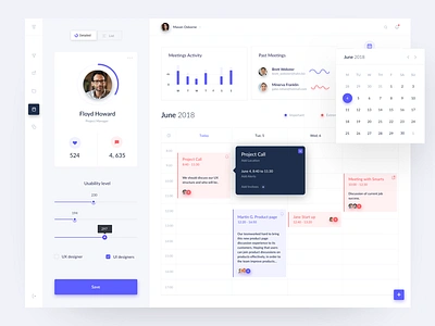 Time management dashboard activity blue button calendar chart dashboard data design flat graph line chart radial red sidebar menu ui user users ux violet web