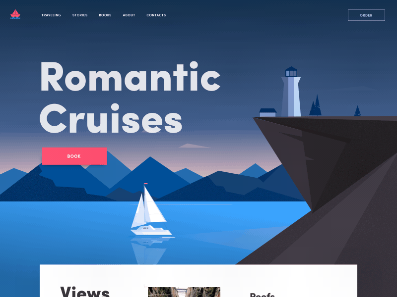 Romantic Cruises Landing animation branding design flat illustration landing page motion animation red and blue romantic typography ui ux vector web