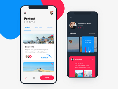 Traveler app concept android android app black blue button contrast design flat graph ios iphone x mobile social statistic switcher top travel ui ux white