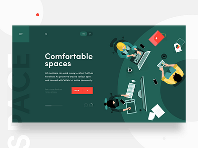 Co-working animated illustration landing page design animation charachter coworking space design flat green icon illustration menu menu bar motion motion art switcher table typogaphy typography ui ux vector web