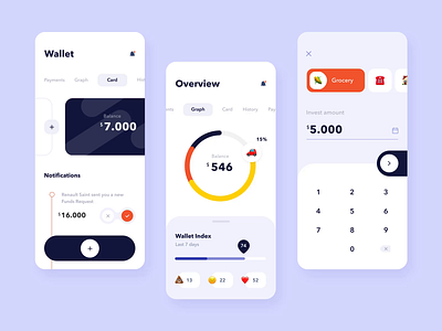 The wallet app mobile interaction account amount app business button car chart design emoji flat graphic ios mobile save save money spending statistic typography ui ux