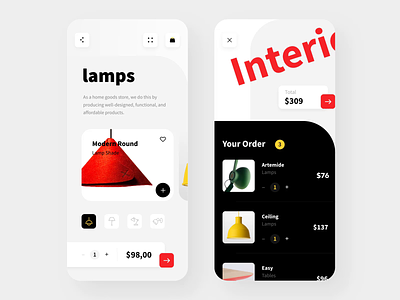 Animated e-commerce template android animation black buy design interaction interactive ios lamp mobile motion phone sell template typography ui ui ux ui design ui8 ux