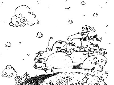 The Joy Ride animals art black and white cars characters childrens book drawings fun illustration
