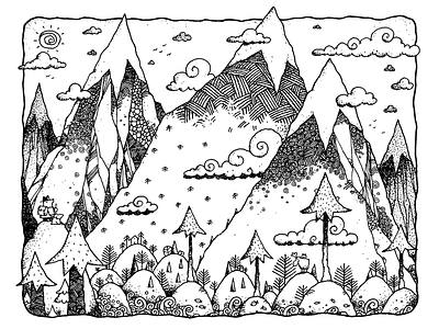 Afternoon Hike black white drawing illustration landscape mountains nature pacific northwest pen and ink travel