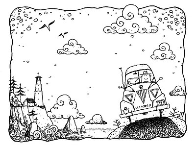 Driving the Capes black and white dog drawings illustration landscape lighthouse ocean oregon oregon coast pen and ink road trip