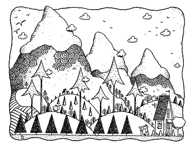 The Backyard black white childrens book art dog drawing farm farmer greeting card illustration moose mountains pacific northwest pen and ink print