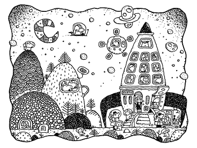 Now Boarding art black white childrens book dogs drawings explorers illustration outer space pen and ink planets sketchbook spaceship travel