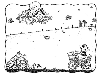 A Spring Ride bicycle bike ride black and white childrens book illustration country road cows dog drawings farm illustration pen and ink spring