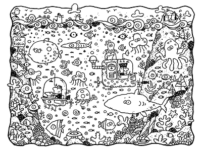 The Reef black white childrens book illustration coloring book art drawings exploring fish humorous illustration illustration ocean pen and ink submarines travel underwater