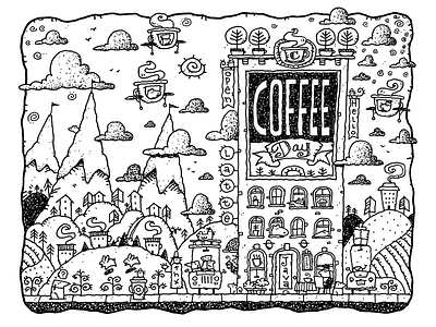 A Coffee Day animals black and white childrens book coffee shop coloring dogs drawings humorous illustration mountains pen and ink