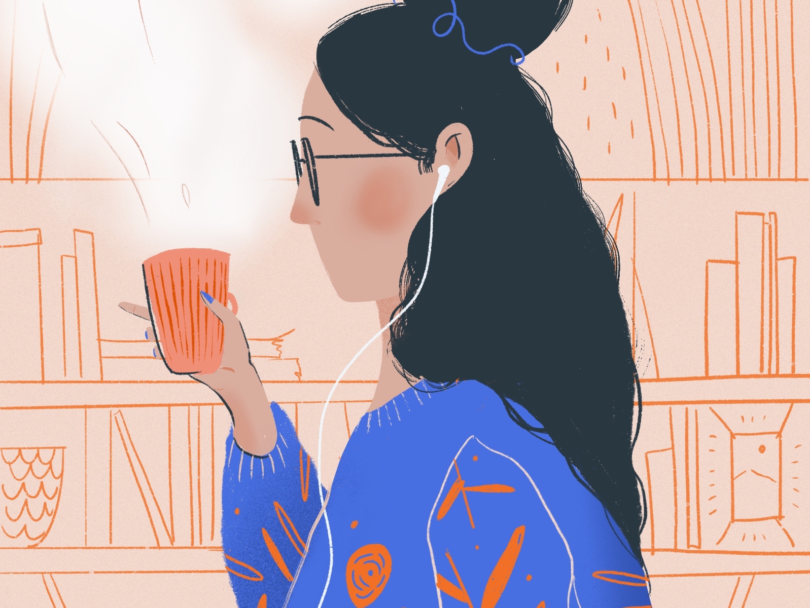 Coffee Time coffee cup stay home stayathome drawing flat design girl character brushes procreate hair sweater illustration girl