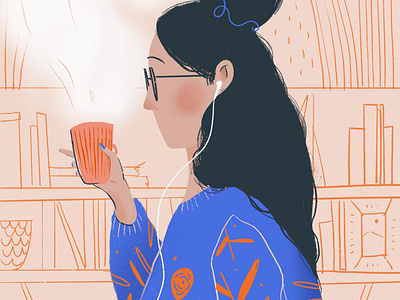 Coffee Time brushes coffee cup design drawing flat girl girl character hair illustration procreate stay home stayathome sweater