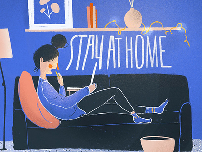Stay at home! blue carpet couch design drawing girl home illustration laptop lazy pink portrait procreate stay at home stay safe texture