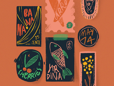 Food Stickers banana carrot design fish flower food fridge grainy icons illustration noise orange procreate rusty stickers