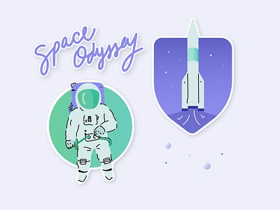 Space Stickers astronaut dragoncrew flat galaxy green illustration launch nasa odyssey purple rocket simple space spaced spaceman spaceship stars stickers vector