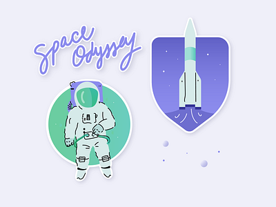 Space Stickers astronaut dragoncrew flat galaxy green illustration launch nasa odyssey purple rocket simple space spaced spaceman spaceship stars stickers vector