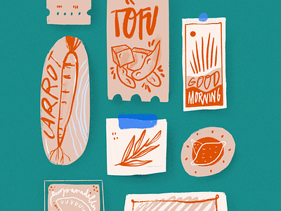 Stickers on the Fridge branding carrot drawing food healthy icon illustration kitchen magnets menu natural playful procreate restaurant rusty stickers texture tofu typography vegetables