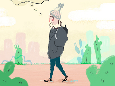 Walking and thinking brush cactus girl illustration intuos photoshop scene wacom walk