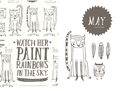 The Ink Nest May Calendar banners beehives cakes cats feathers frames hand drawn type illustration jars may nicole larue owls tea cups tea pots umbrellas