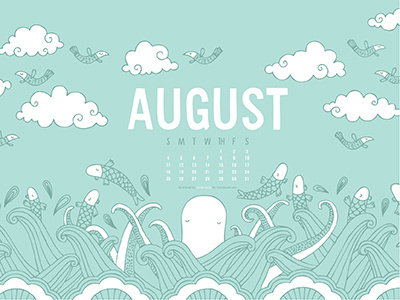 The Ink Nest August Desktop Calendar august birds calendar clouds fish illustration nicole larue octopus pattern