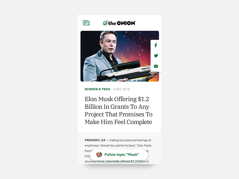 Daily UI #094 - News challenge daily tech science topic breaking headline elon musk article story onion news app interface ux ui