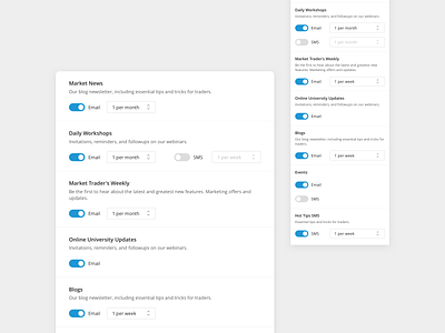 email preferences card design dropdown email frequency mobile portal preferences settings switch toggle ui web