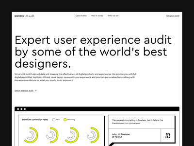 Solvers UX Audits – exploration black clean design desktop homepage landing landing page minimal typography ui ux video web website white