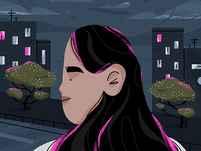outside 🌸 blossom building character character design city girl illustration night nighttime outside street trees twilight