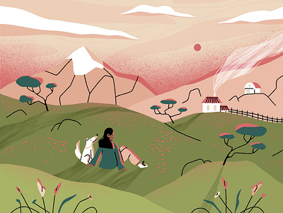 calm. character character design companion countryside dog field girl illustration landscape mountains nature plants sunset
