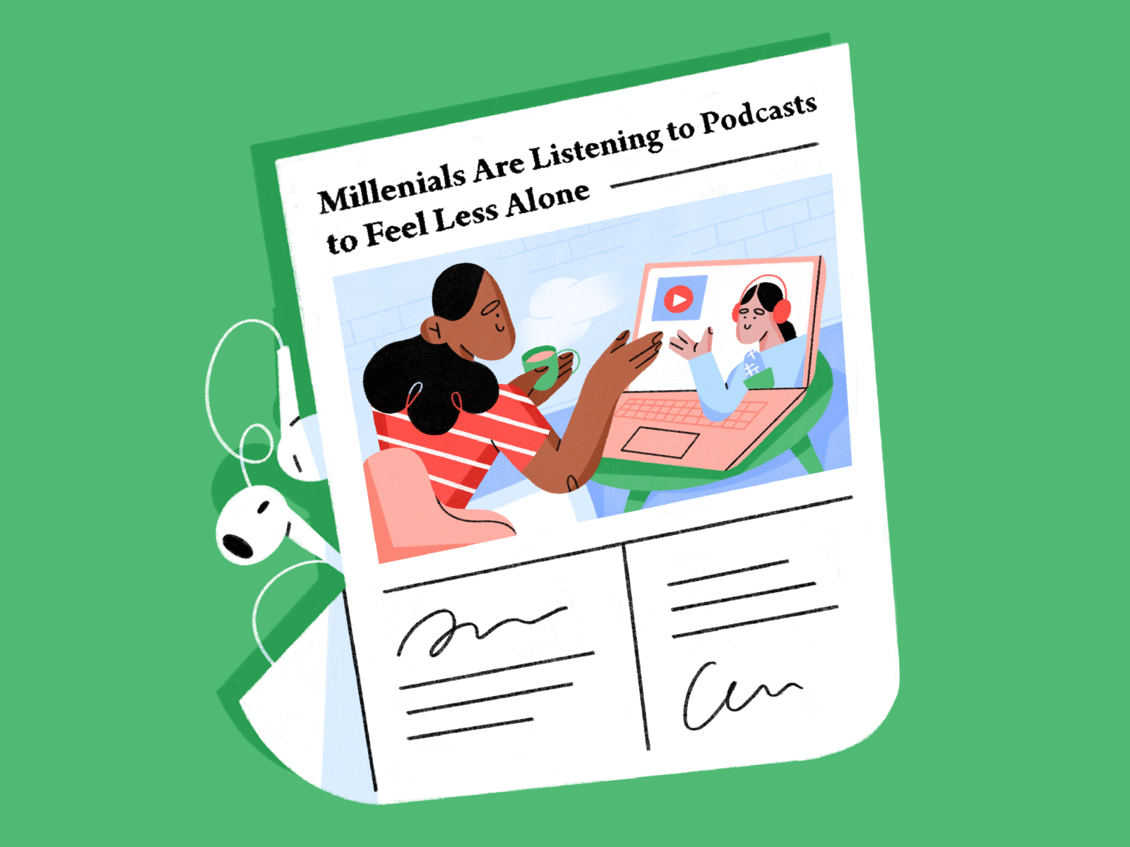 podcasts are your friends  adult character character design girl headline illustration listening newspaper people podcast women