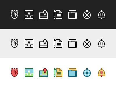 Icons alarm ekg file heart icons map paper pen timer