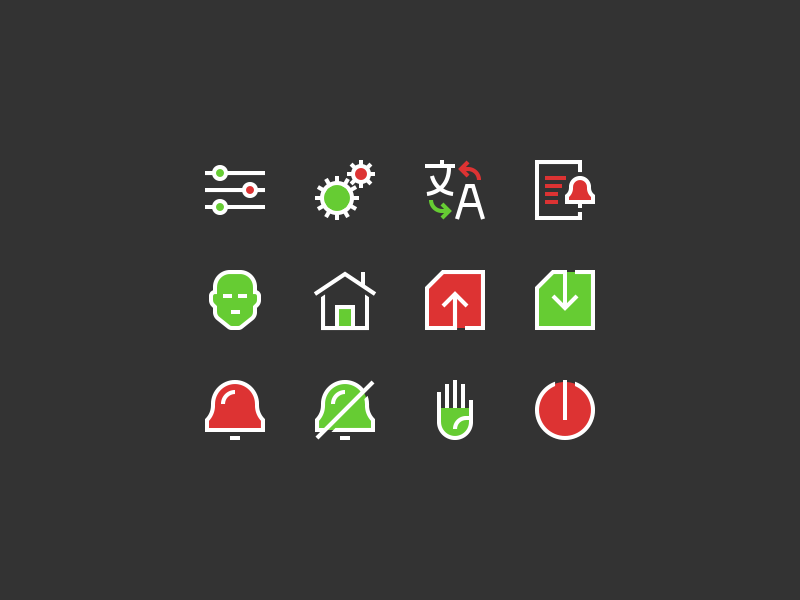 Simple icons power manual save load home account alarm language preferences settings icons