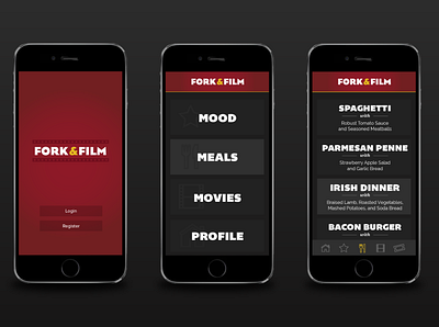 Fork & Film App app design apps dinner meals mobile app design mobile design movie night movies red