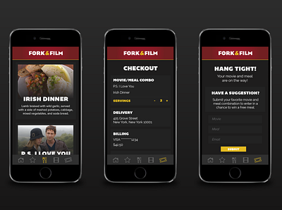 Fork & Film App app design apps dinner meals mobile app design mobile design movie night movies red