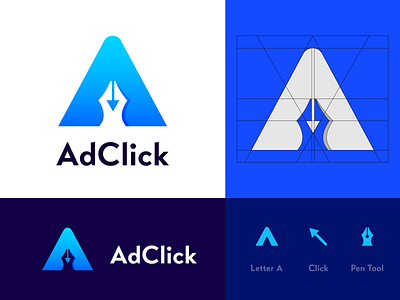 AdClick - Logo Concept ( Negative Space logo ) a letter logo arrow logo brand identity branding click logo logo design logo inspiration logo presentation modern logo negative space logo pen logo pen tool write logo