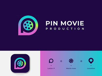 Pin Movie Production - Logo ( Letter P + Movie Icon + Location ) app brand identity branding business graphic icon location logo logo design logo inspiration logotype minimalist logo modern logo movie location logo movie logo p location logo p movie logo production ui ux