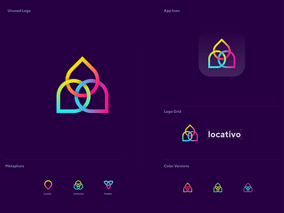Locativo Logo Design brand identity branding circle communication connect connected connection flat minimal gradient location logotype modern logo modern logo design navigation networking logo pin social network software technology visual identity