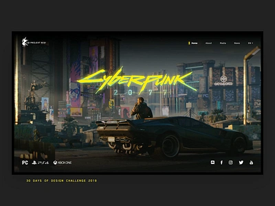 DAY #13-14 / Cyberpunk 2077 2077 30daysofdesign adobe xd animation cyber cyberpunk daily ui dark ui design glitch landing neon paralax parallax scrolling videogame web