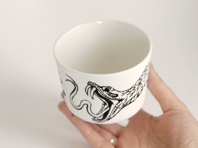 Dead Thingz - painted whiskey cup gnarly fangs animal drawing art homewares painting black ink dead tattoo snake alcohol whiskey cup ceramics glaze paint artwork illustrator illustration