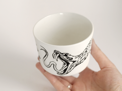 Dead Thingz - painted whiskey cup alcohol animal art artwork black ink ceramics cup dead drawing fangs glaze gnarly homewares illustration illustrator paint painting snake tattoo whiskey