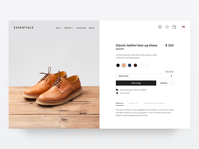 Essentials Item page ecommerce handmade layout leather shoes typography ui ux website