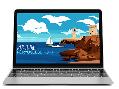 Al-Jalali animation beach blue creative design fort illustration minimal oman tourisim vector
