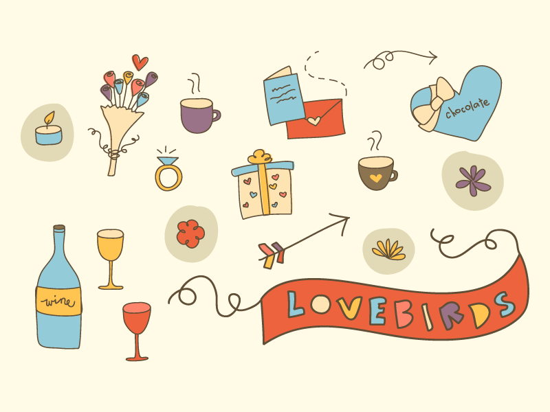 Things in Lurve bright color cute doodles hand drawn icons love valentines vector