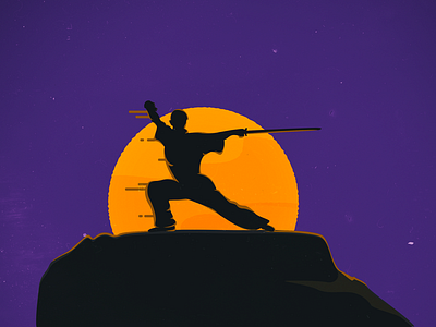 Shaolin pose at sunset - Sword 2d fight china illustration karate kung fu pose shaolin sunset sword vector