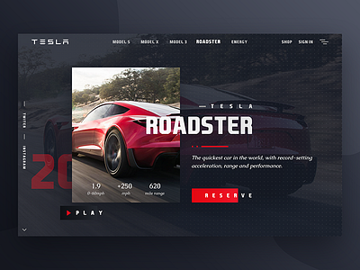 Roadster Web Design 2020 automobile car dark interface header roadster tesla typography ui ux web design website