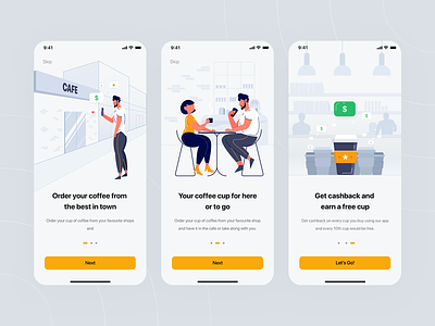 Onboarding — Cupz app cafe cashback coffee coffee cup creative cup for here or to go dating design designs flat design free illustration mobile onboarding order coffee people ui ux walkthrough