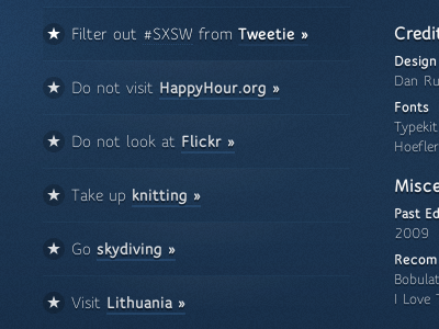 How to have fun when all your friends are at SXSW blue circle css3 ff speak web pro gradient list noise rgba rounded corners star sxsw text shadow typekit ul