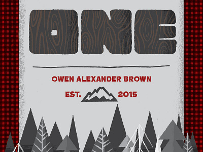 Owen's First Birthday buffalo plaid invitation lumberjack thick lines thick type trees woodgrain