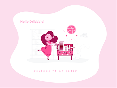 Hello Dribbble flat girl hello illustration lady little pink