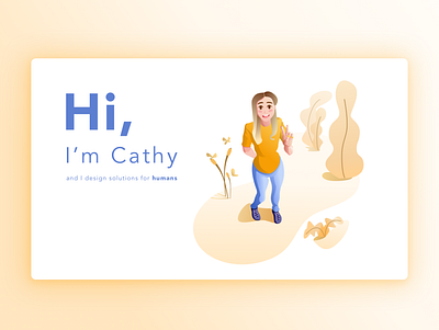 Hi, I'm Cathy. big eyes blonde flat full body girl hello hi illustration lady nature orange peace perspective top down vector yellow